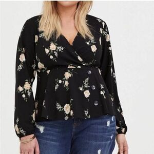 Torrid Black Floral Crepe Surplice Midi Peplum Blouse New Without tags 1X Black